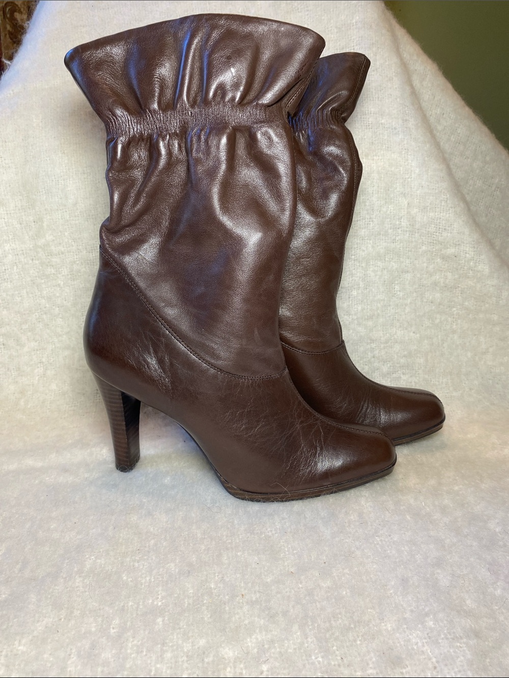 Worthington Women's Brown Leather Mid-Calf Heeled Boots with Ruched Shaft Size 9